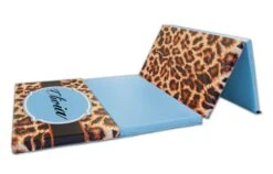 AK Athletic Equipment Leopard Print Monogram 4' X 8' Folding Gymnastics Mat -Exercise Mat leopard with name and drop shadow marine blue
