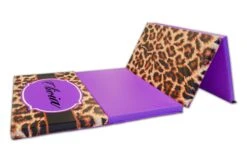 AK Athletic Equipment Leopard Print Monogram 4' X 8' Folding Gymnastics Mat -Exercise Mat leopard with name and drop shadow purple